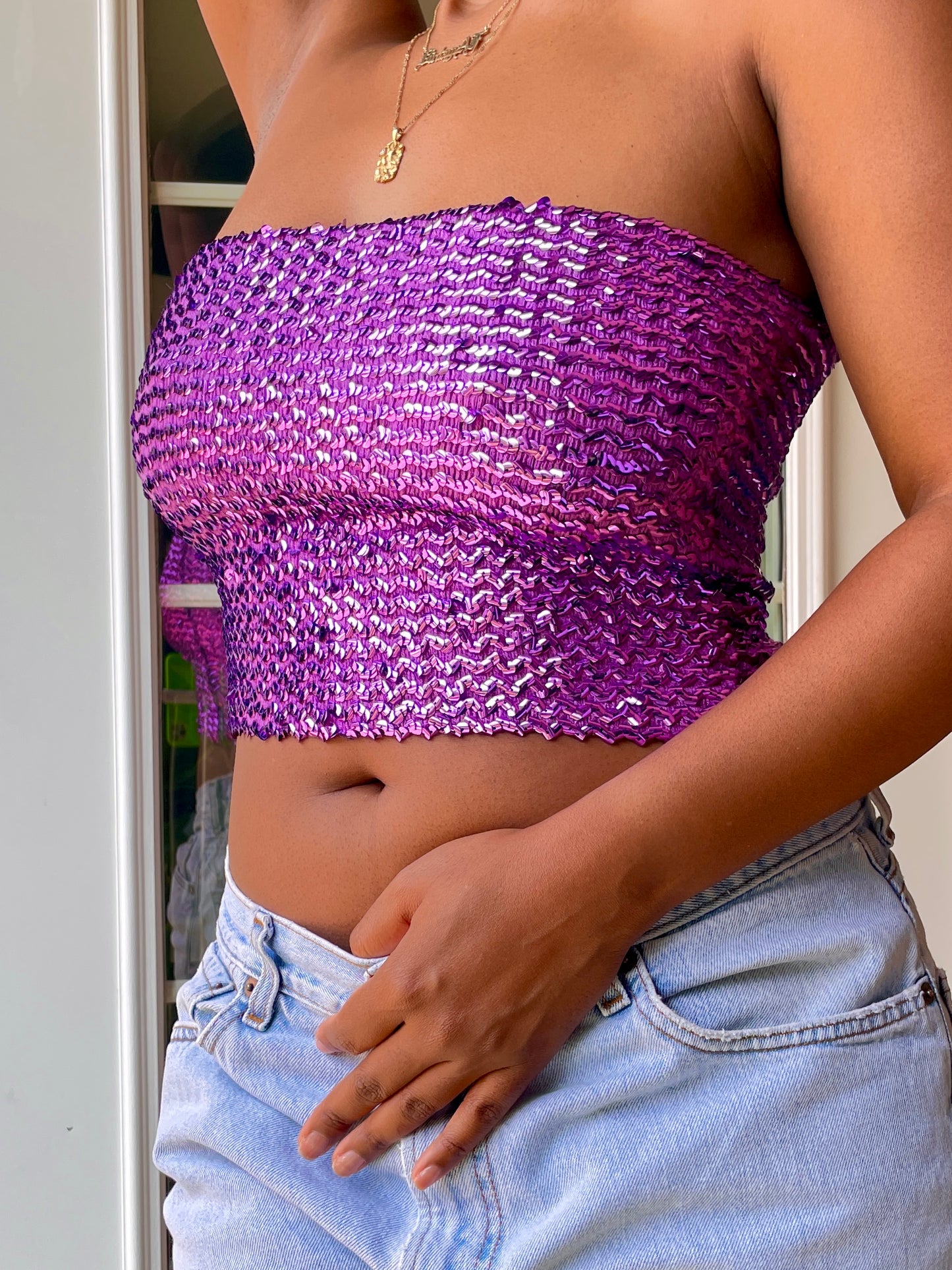 Y2k Purple Sequins Crop Bandeau Top