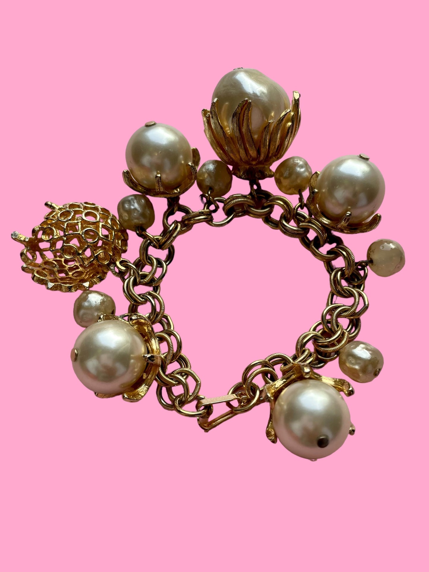 Vintage gold and pearl charm bracelet