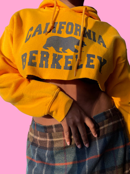 reworked cropped graphic yellow hoodie styled with plaid wrap skirt