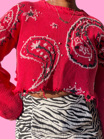 Cropped reworked red bandana print distressed sweater with zebra print skirt