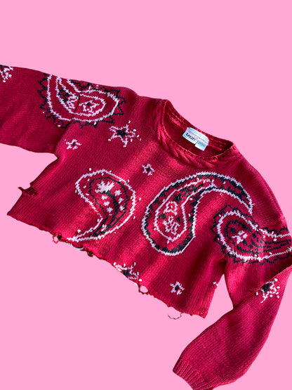 Cropped reworked red bandana print distressed sweater
