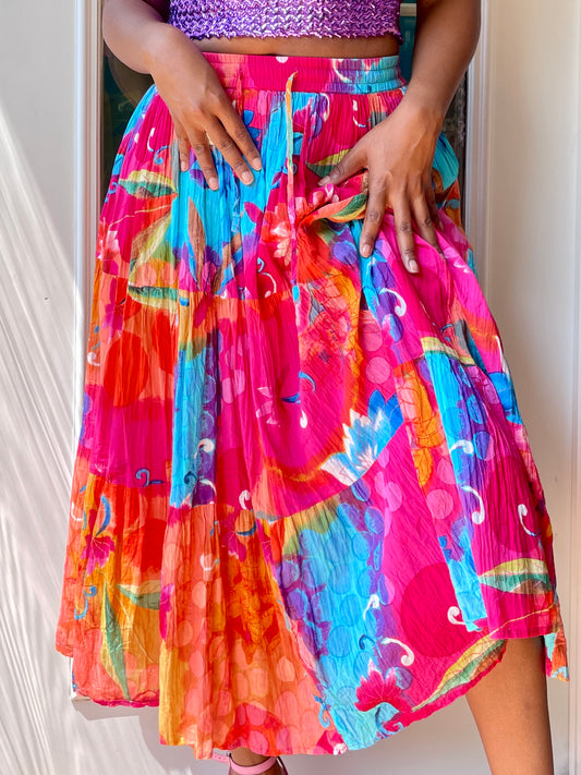 Flowy tropical floral print A-line skirt with elastic waist