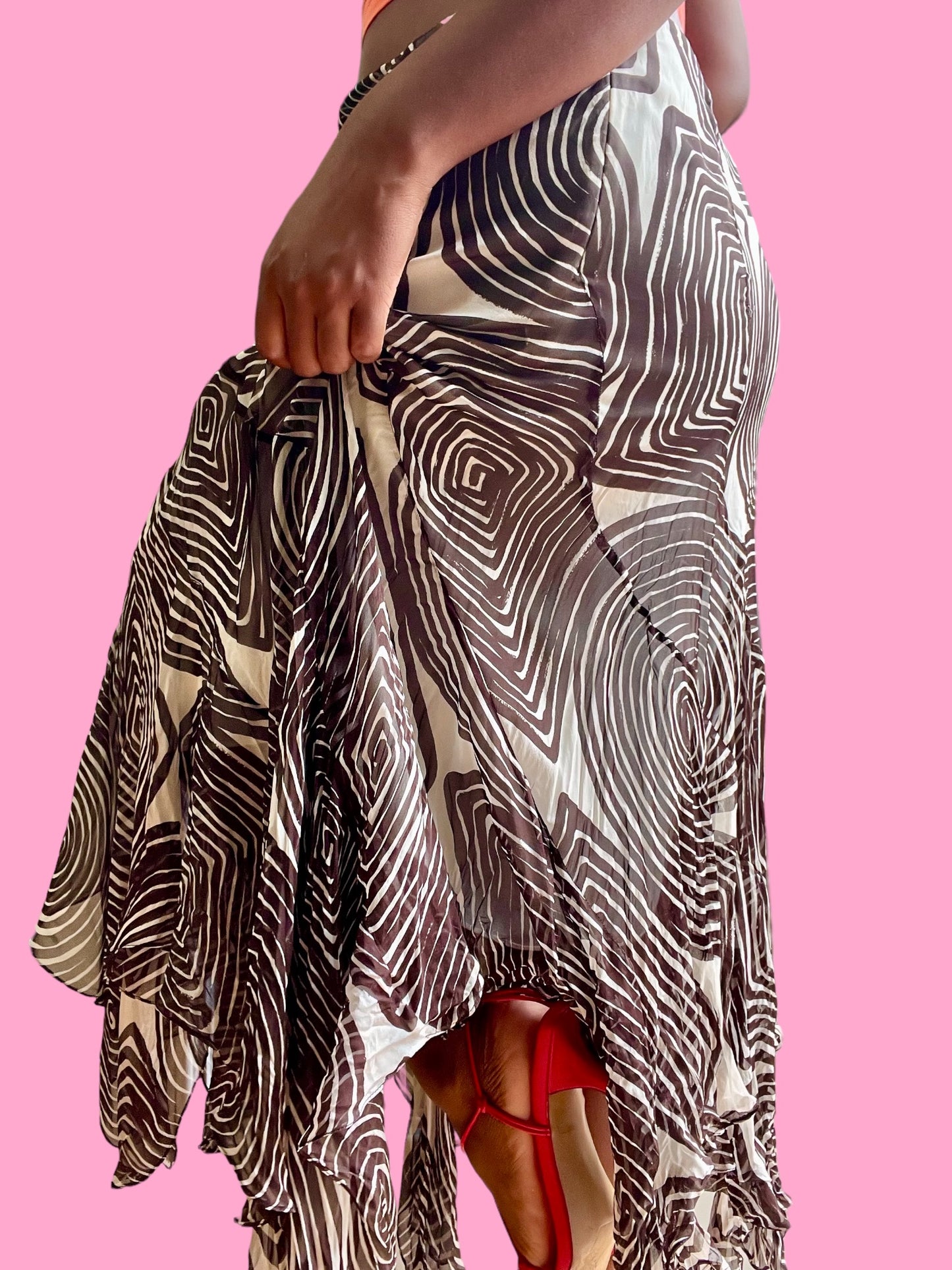 Silk Ruffled Print Midi Skirt